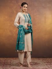 Cream Embroidered Straight Kurta PantWith Dupatta Ethnic Set