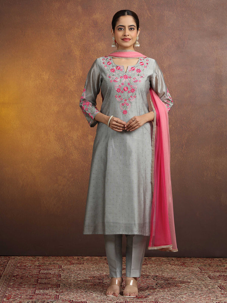 Gray Floral Embroidered Straight Ethnic Kurta Set with Contrast Net Dupatta