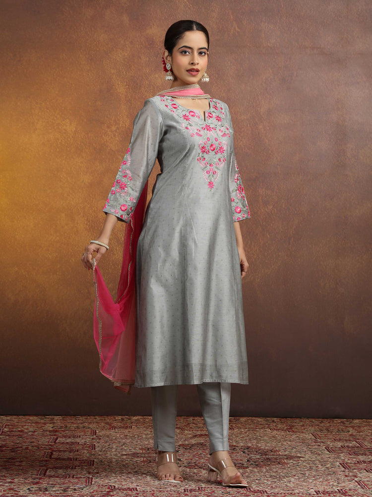 Gray Floral Embroidered Straight Ethnic Kurta Set with Contrast Net Dupatta