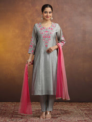 Gray Floral Embroidered Straight Ethnic Kurta Set with Contrast Net Dupatta