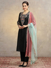 Black Floral Embroidered Straight Ethnic Kurta Set with Contrast Net Dupatta