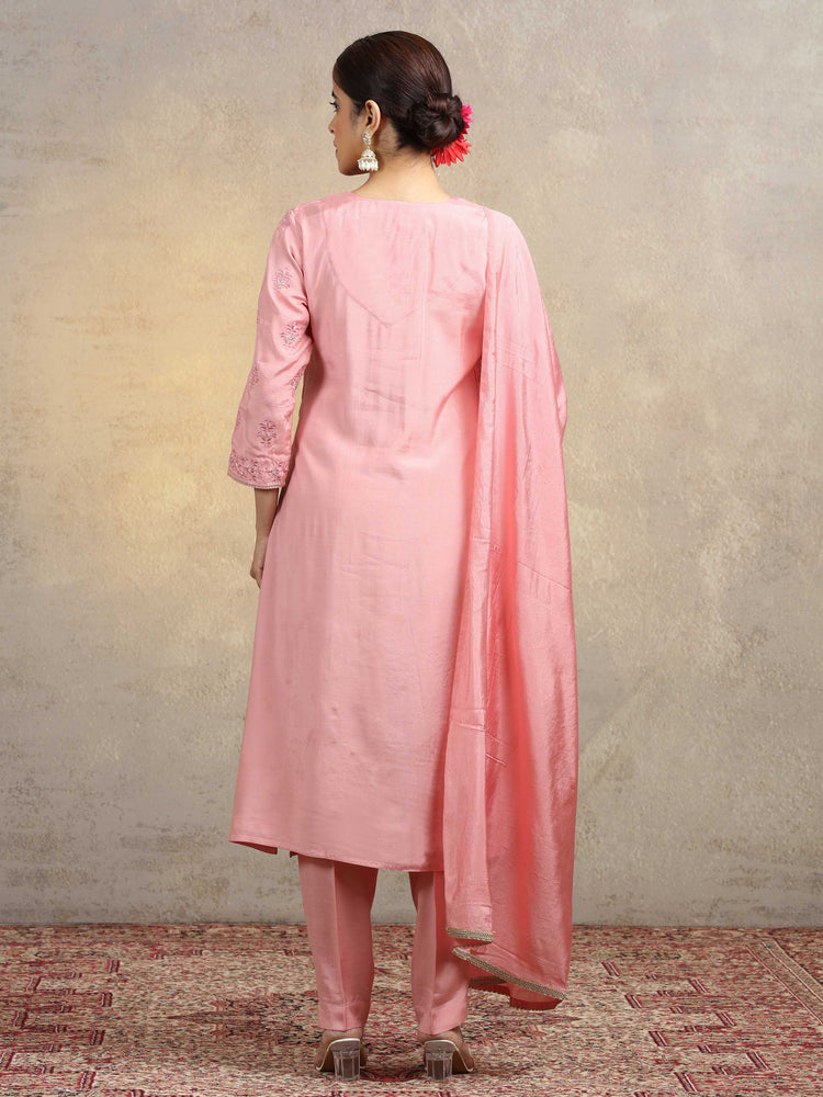 Light Peach Embroidered Kurta Pant Set with Matching Dupatta