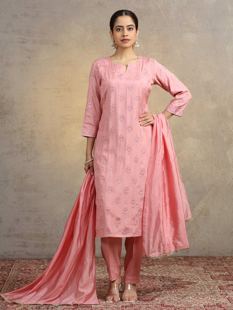 Light Peach Embroidered Kurta Pant Set with Matching Dupatta
