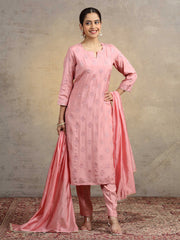 Light Peach Embroidered Kurta Pant Set with Matching Dupatta
