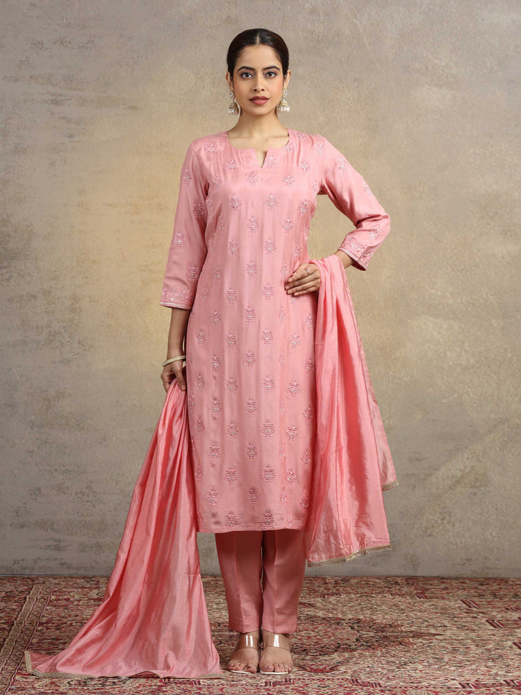 Light Peach Embroidered Kurta Pant Set with Matching Dupatta