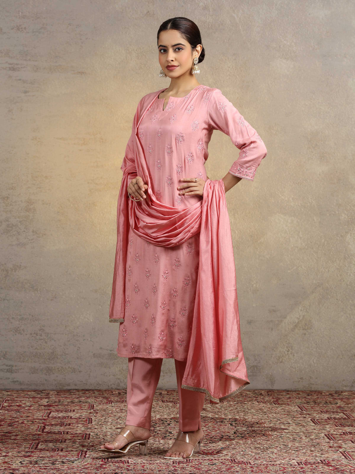 Light Peach Embroidered Kurta Pant Set with Matching Dupatta