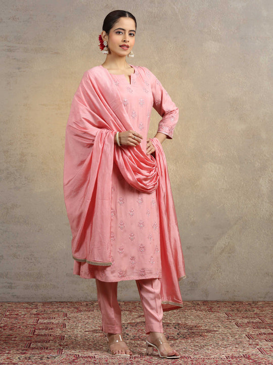 Light Peach Embroidered Kurta Pant Set with Matching Dupatta