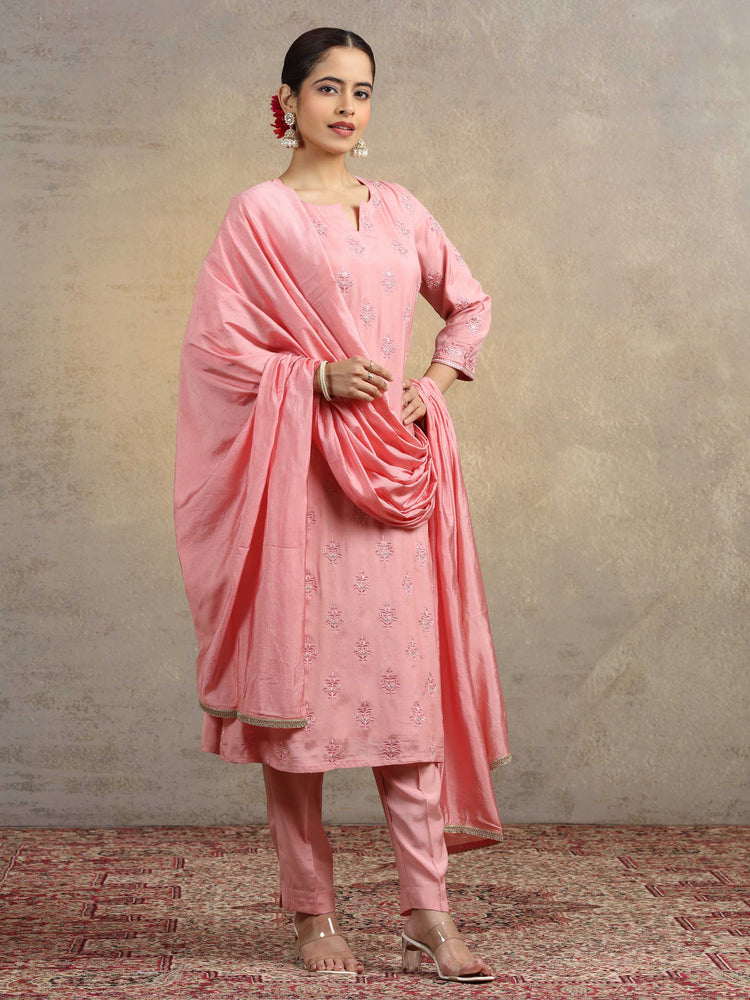 Light Peach Embroidered Kurta Pant Set with Matching Dupatta