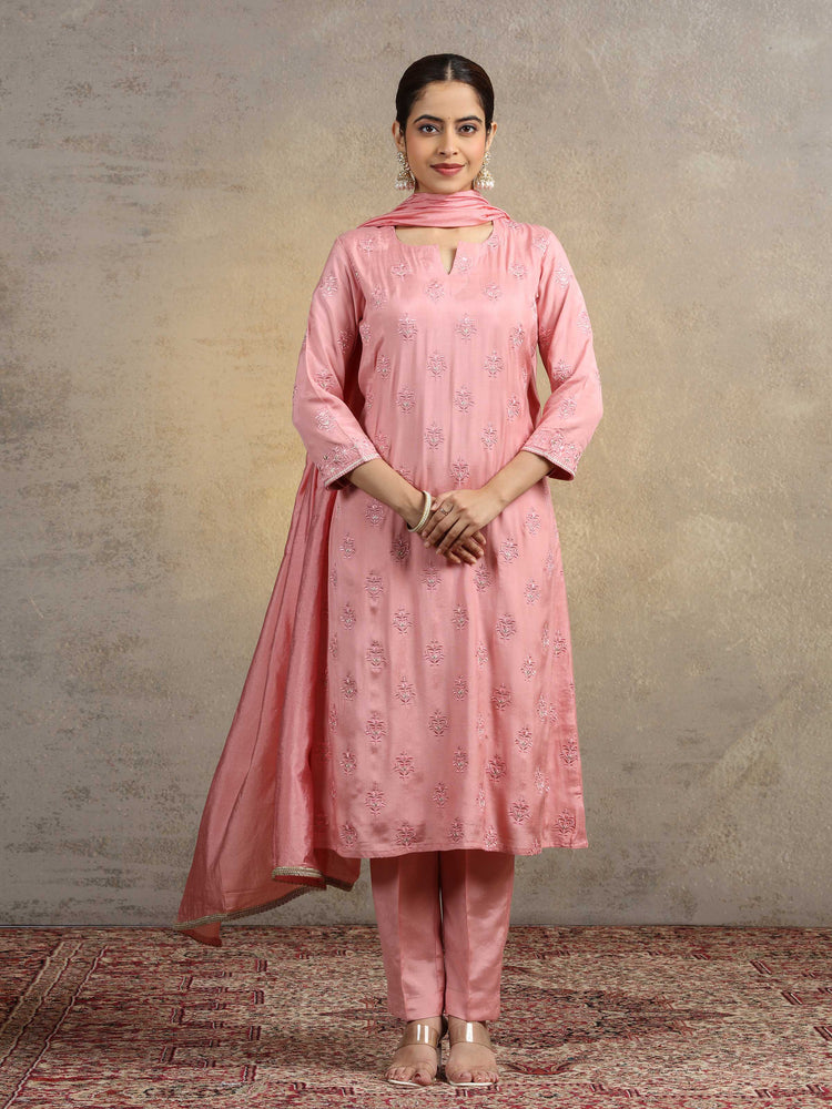 Light Peach Embroidered Kurta Pant Set with Matching Dupatta