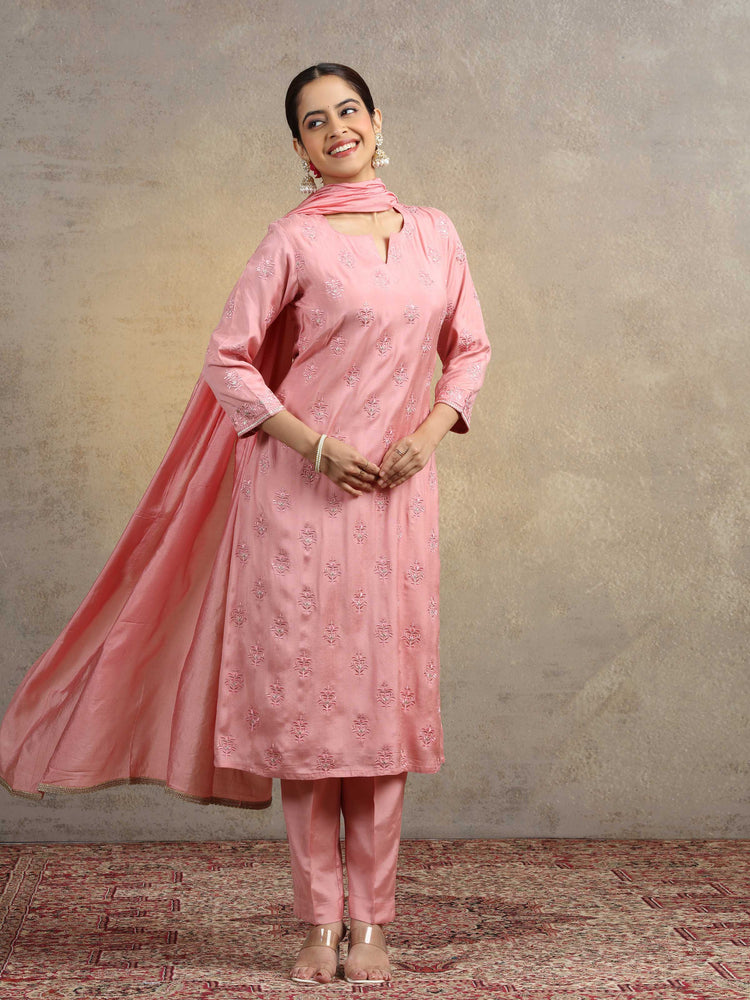 Light Peach Embroidered Kurta Pant Set with Matching Dupatta