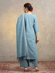 Light Blue Pure Cotton Straight Kurta Pant & Dupatta Ethnic Wear Suit set