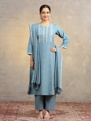 Light Blue Pure Cotton Straight Kurta Pant & Dupatta Ethnic Wear Suit set