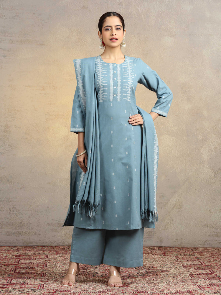 Light Blue Pure Cotton Straight Kurta Pant & Dupatta Ethnic Wear Suit set