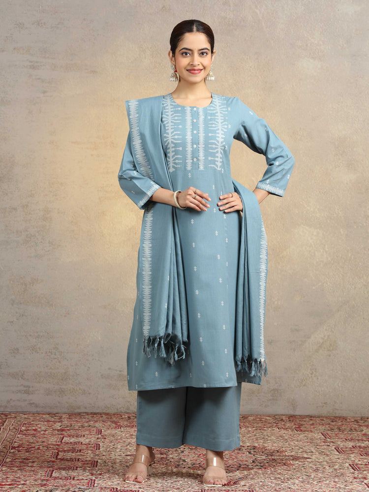 Light Blue Pure Cotton Straight Kurta Pant & Dupatta Ethnic Wear Suit set
