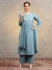 Light Blue Pure Cotton Straight Kurta Pant & Dupatta Ethnic Wear Suit set