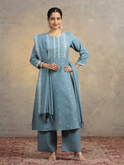 Light Blue Pure Cotton Straight Kurta Pant & Dupatta Ethnic Wear Suit set