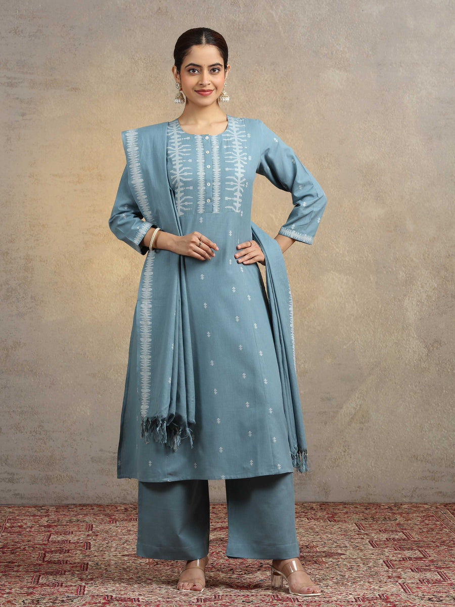 Light Blue Pure Cotton Straight Kurta Pant & Dupatta Ethnic Wear Suit set