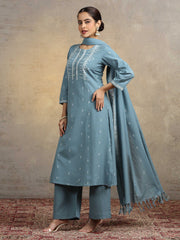 Light Blue Pure Cotton Straight Kurta Pant & Dupatta Ethnic Wear Suit set