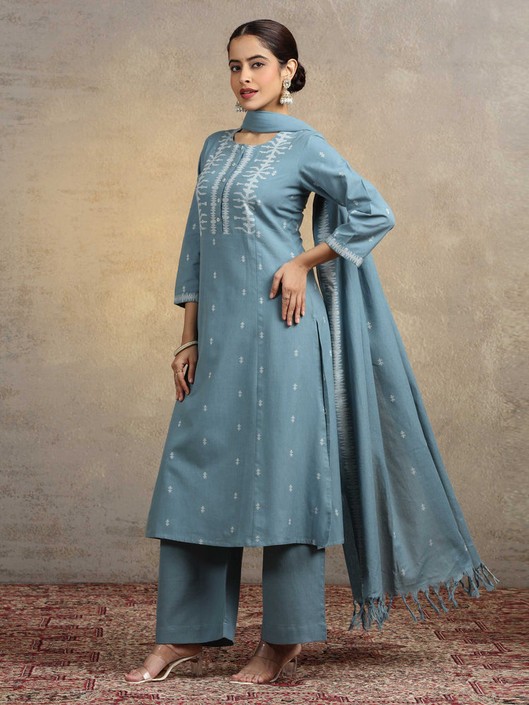 Light Blue Pure Cotton Straight Kurta Pant & Dupatta Ethnic Wear Suit set