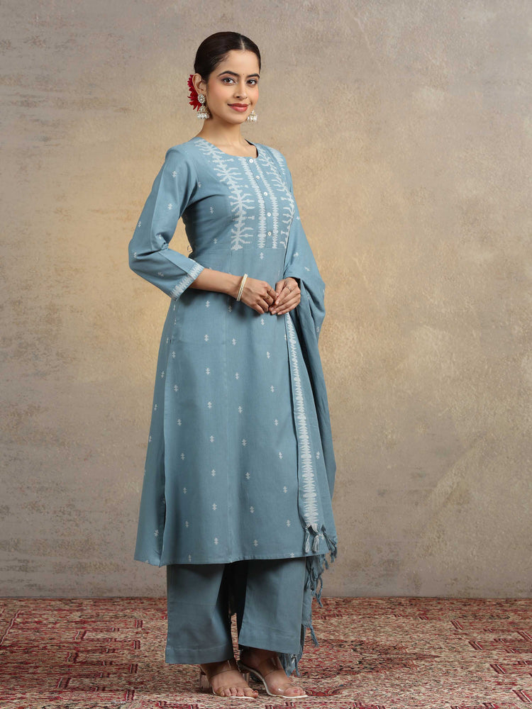 Light Blue Pure Cotton Straight Kurta Pant & Dupatta Ethnic Wear Suit set