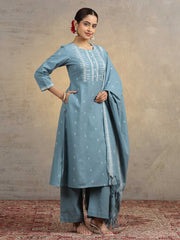 Light Blue Pure Cotton Straight Kurta Pant & Dupatta Ethnic Wear Suit set