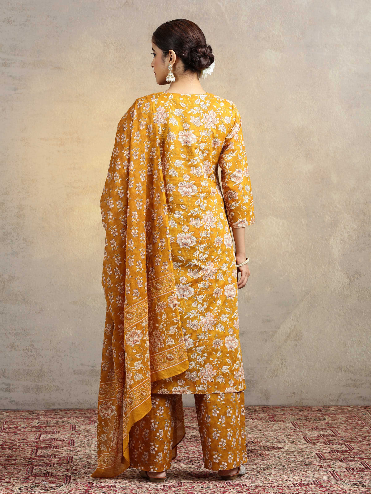 Mustard Floral Printed Pure Cotton Embroidered Straight Ethnic Suit Set