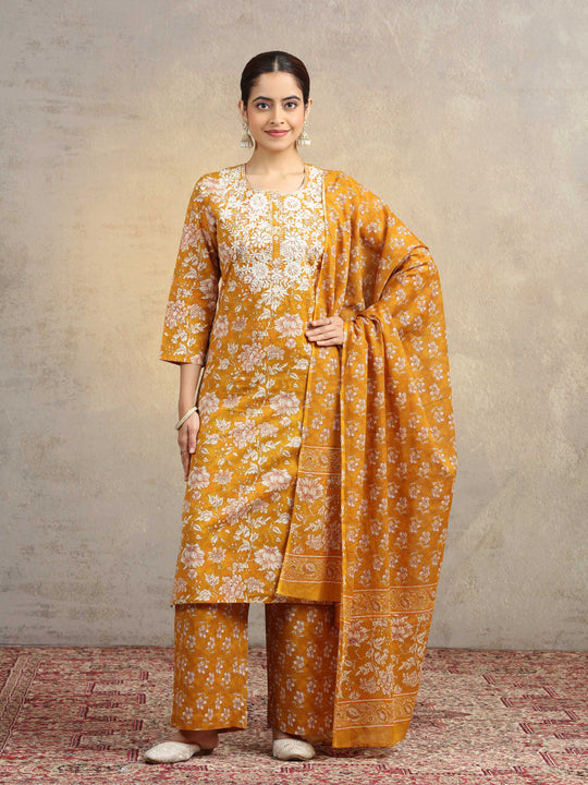 Mustard Floral Printed Pure Cotton Embroidered Straight Ethnic Suit Set