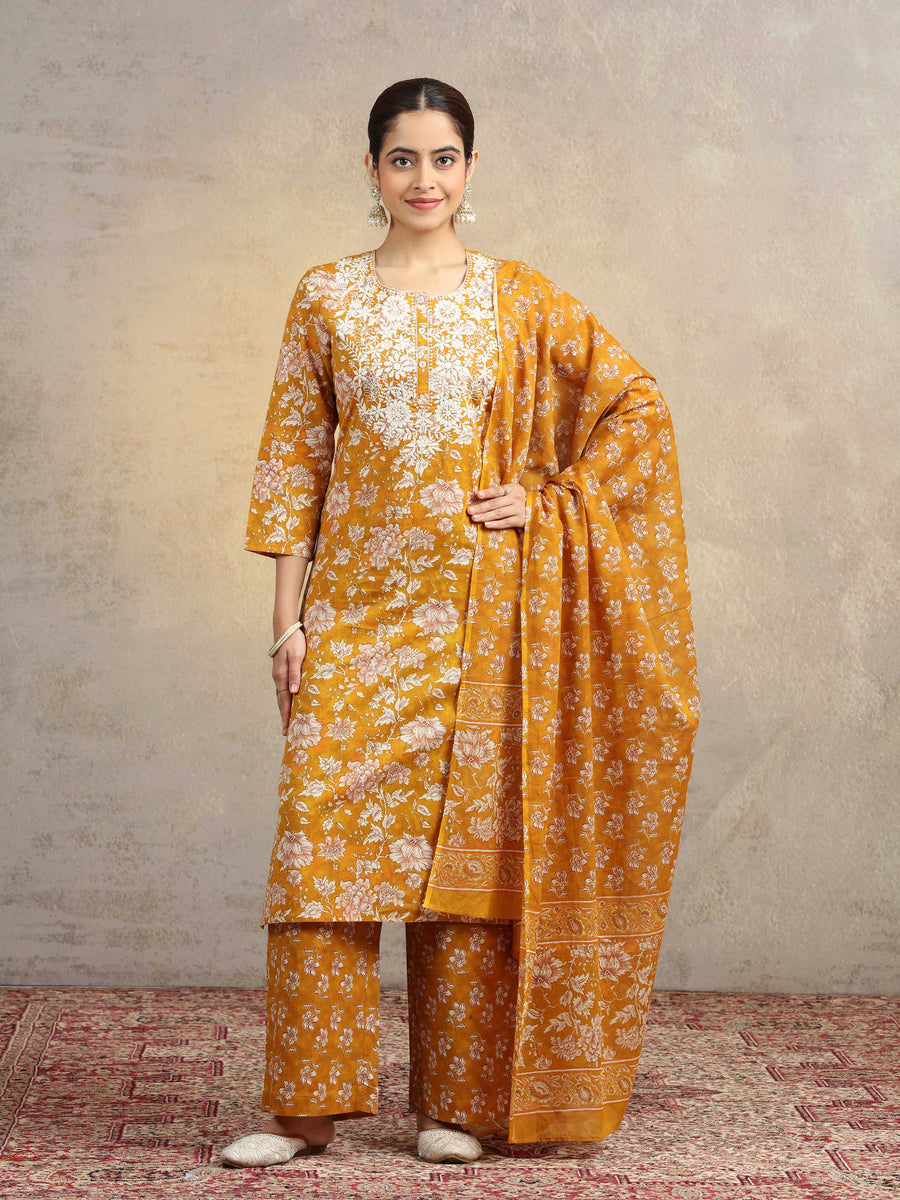 Mustard Floral Printed Pure Cotton Embroidered Straight Ethnic Suit Set