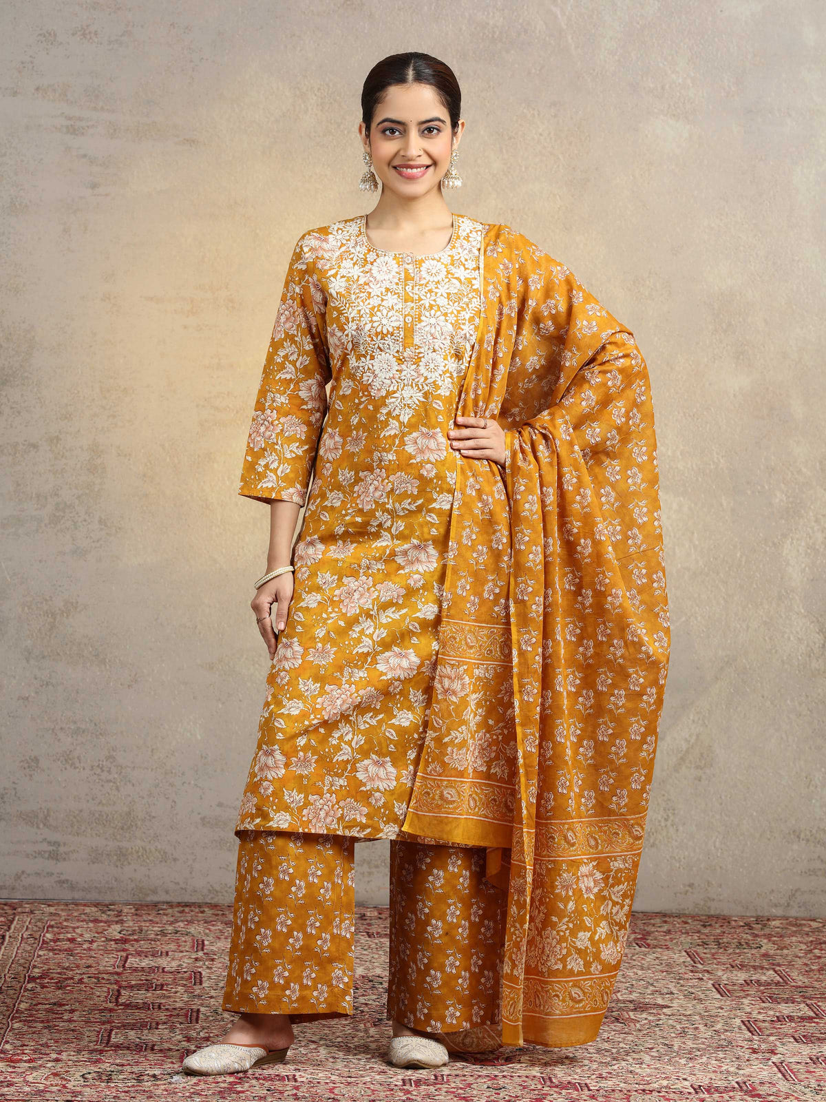 Mustard Floral Printed Pure Cotton Embroidered Straight Ethnic Suit Set