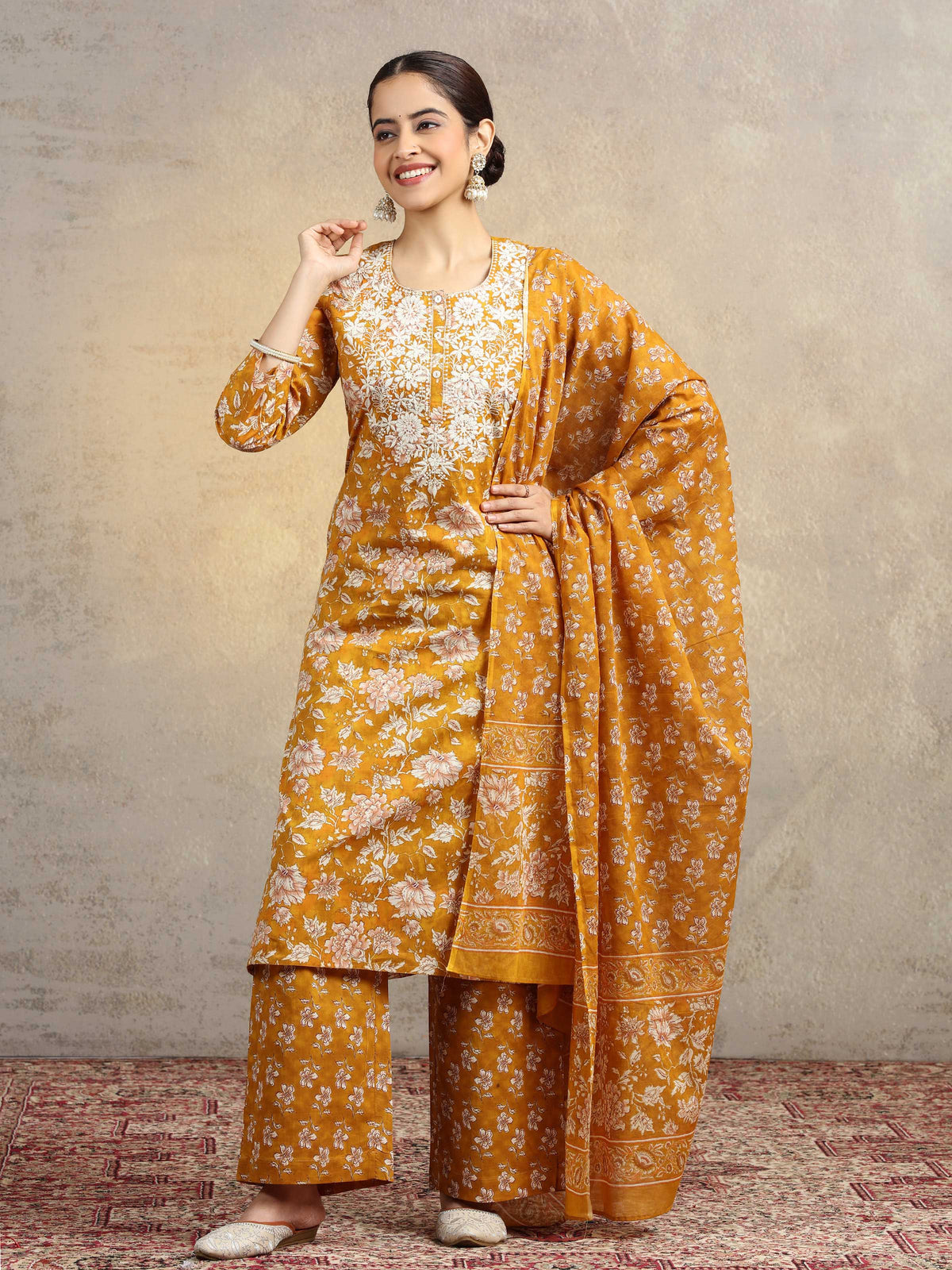 Mustard Floral Printed Pure Cotton Embroidered Straight Ethnic Suit Set