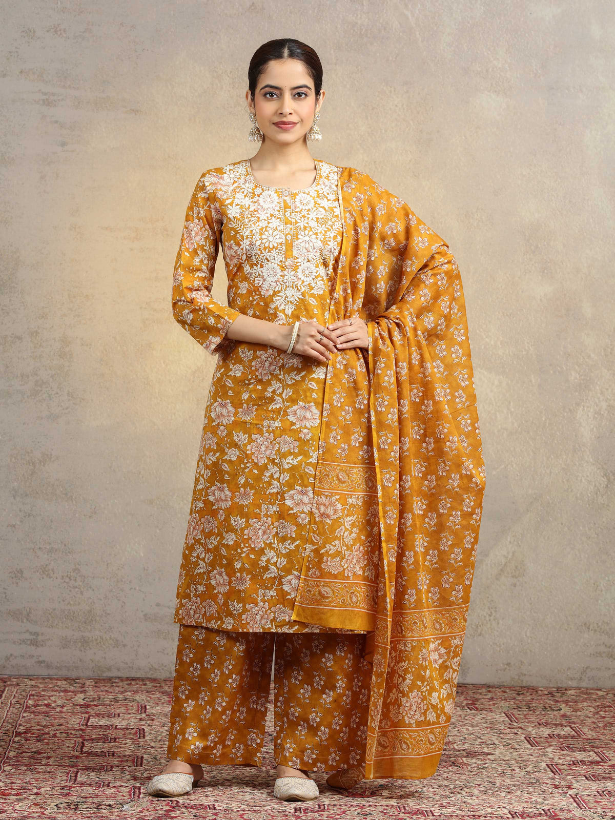 Mustard Floral Printed Pure Cotton Embroidered Straight Ethnic Suit Set