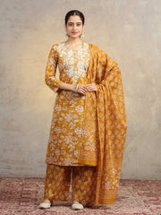 Mustard Floral Printed Pure Cotton Embroidered Straight Ethnic Suit Set