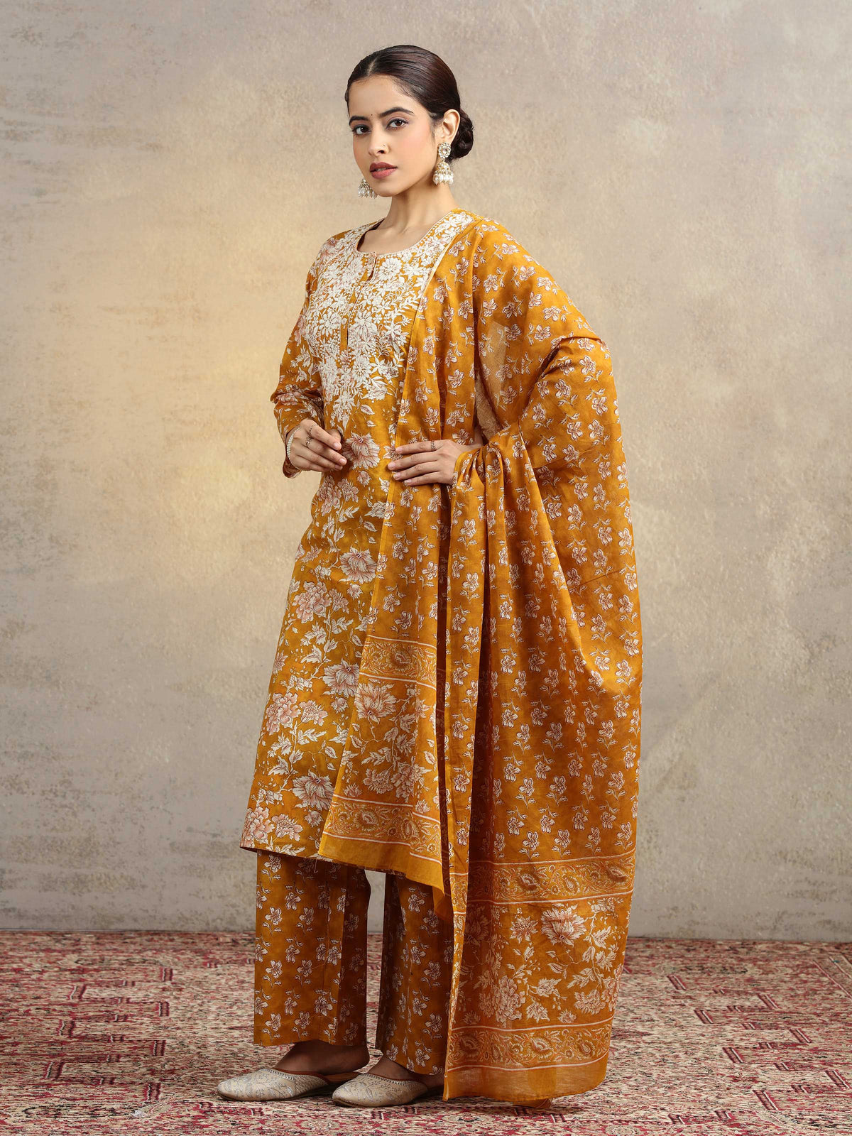 Mustard Floral Printed Pure Cotton Embroidered Straight Ethnic Suit Set