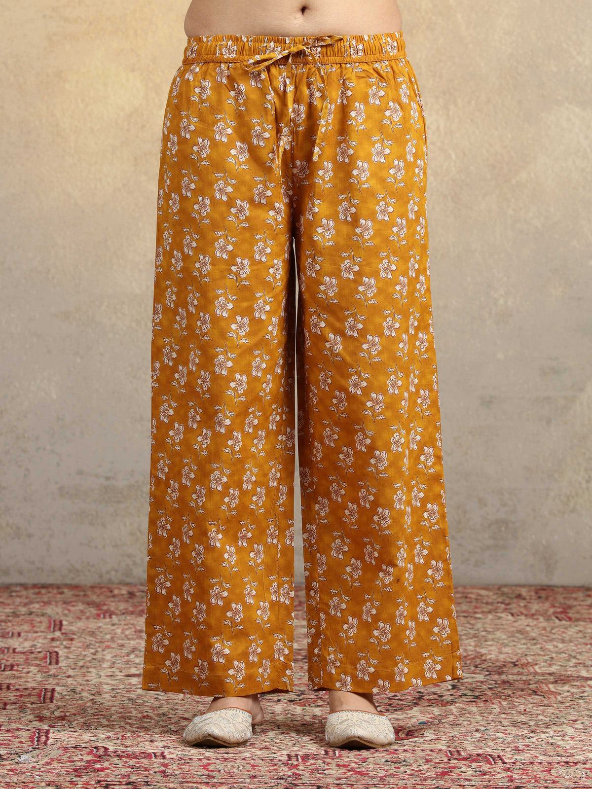 Mustard Floral Printed Pure Cotton Embroidered Straight Ethnic Suit Set