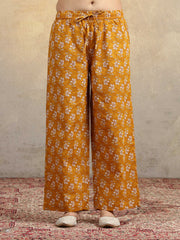 Mustard Floral Printed Pure Cotton Embroidered Straight Ethnic Suit Set