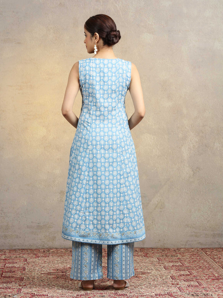 Light Blue Pure Cotton Printed Sleeveless A-Line Co-Ord Set
