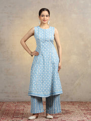 Light Blue Pure Cotton Printed Sleeveless A-Line Co-Ord Set