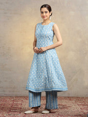 Light Blue Pure Cotton Printed Sleeveless A-Line Co-Ord Set
