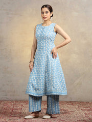 Light Blue Pure Cotton Printed Sleeveless A-Line Co-Ord Set