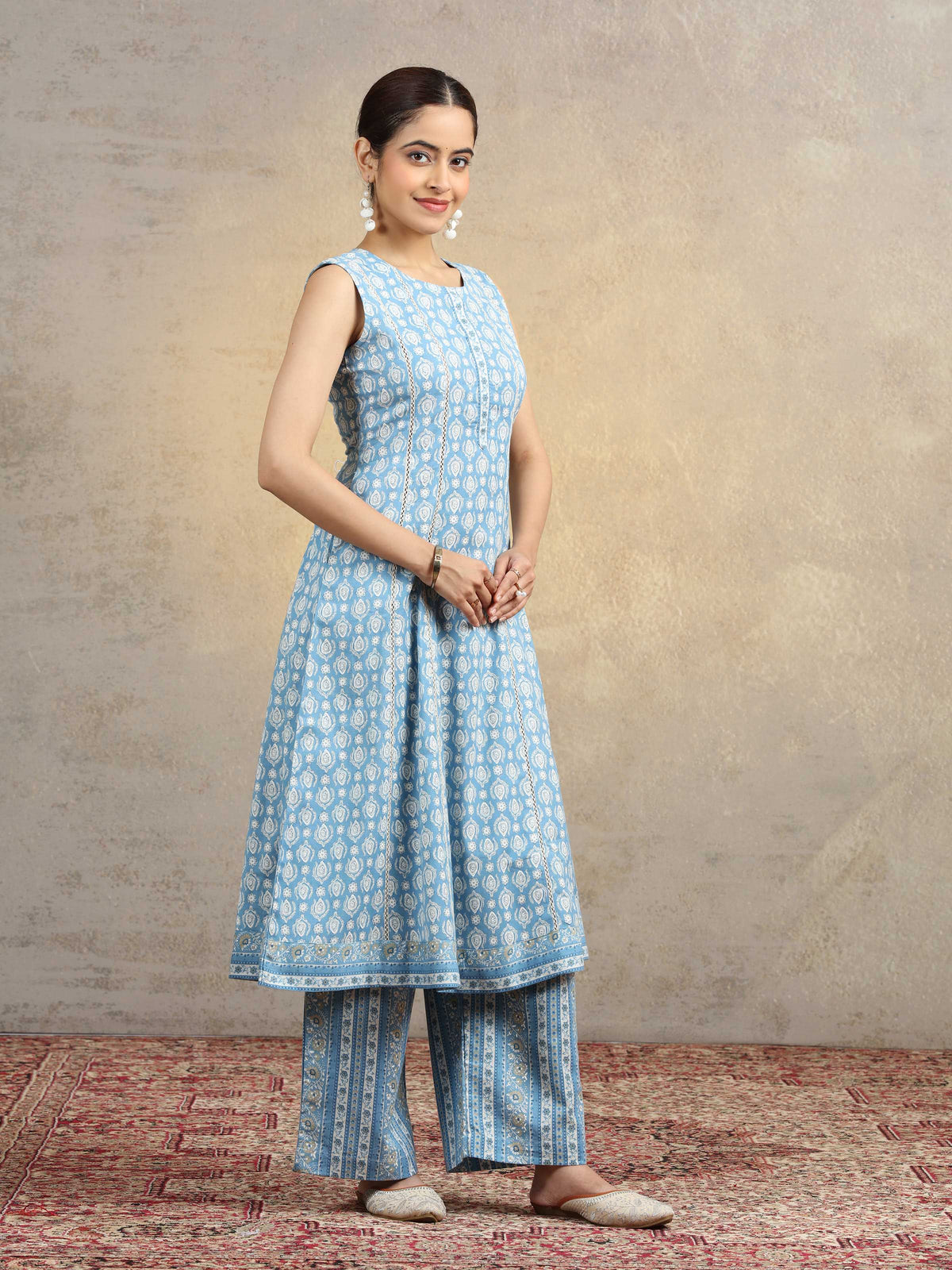 Light Blue Pure Cotton Printed Sleeveless A-Line Co-Ord Set