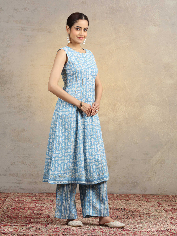 Light Blue Pure Cotton Printed Sleeveless A-Line Co-Ord Set
