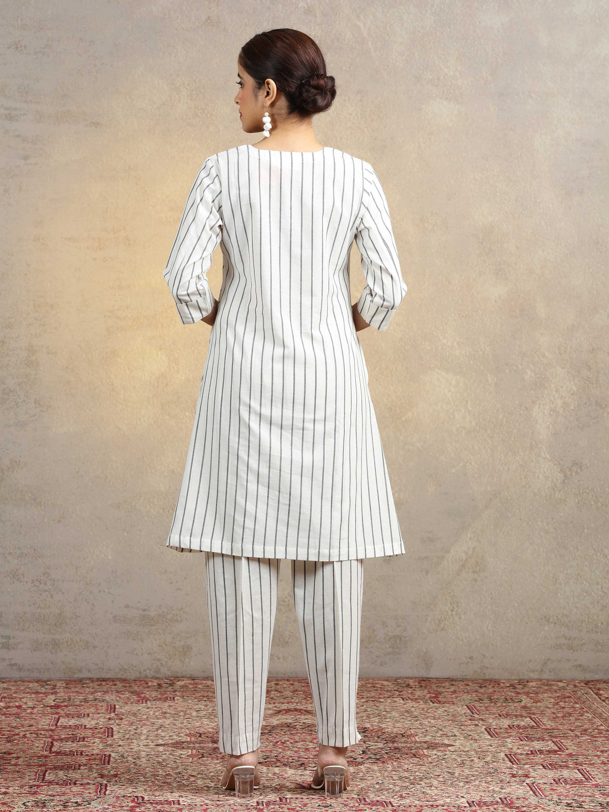 Off White Floral Embroidered Pure Cotton Straight Co-Ord Set