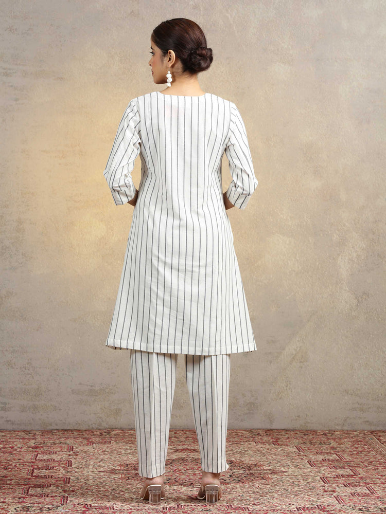 Off White Floral Embroidered Pure Cotton Straight Co-Ord Set