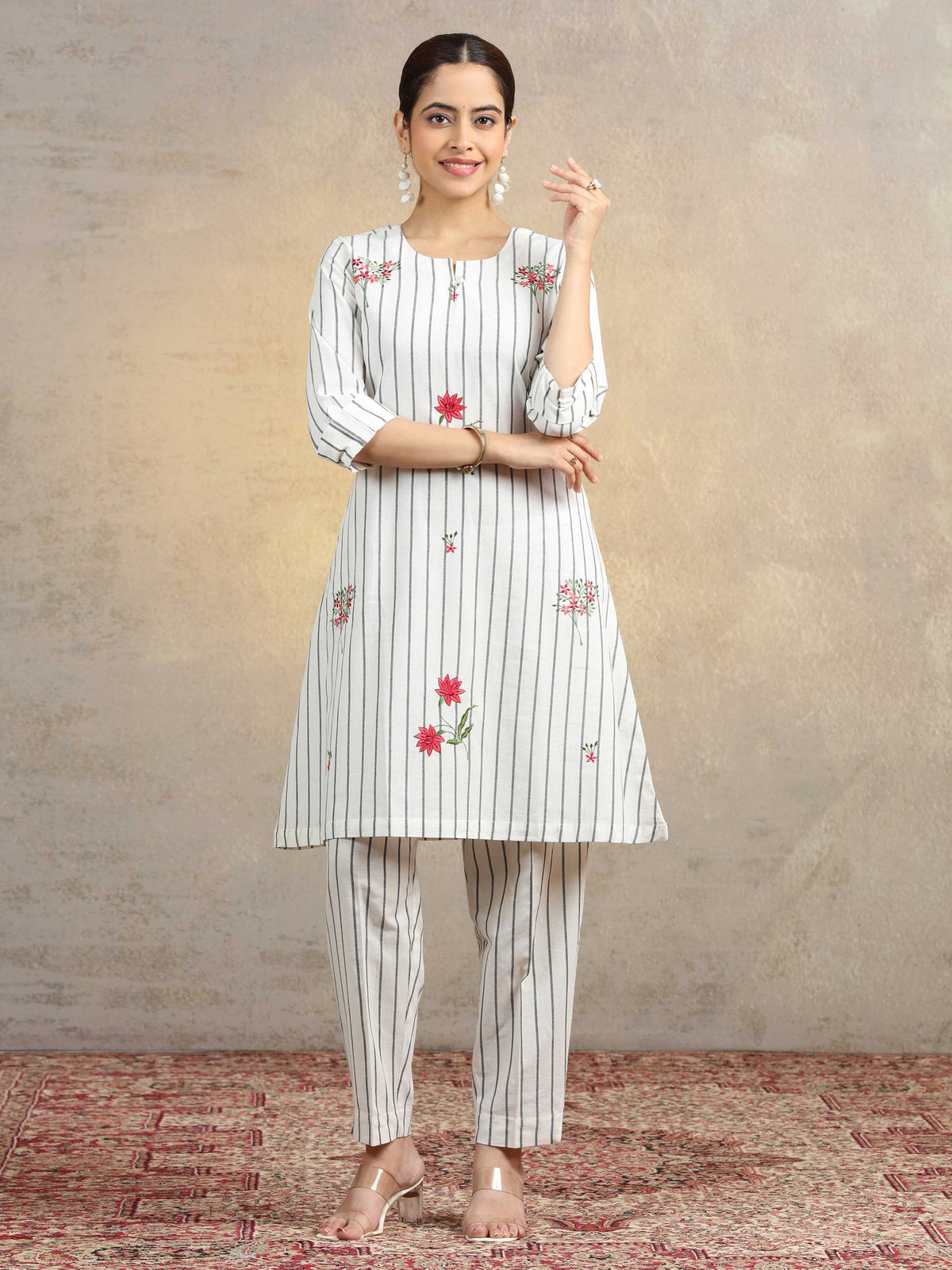 Off White Floral Embroidered Pure Cotton Straight Co-Ord Set