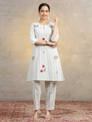 Off White Floral Embroidered Pure Cotton Straight Co-Ord Set