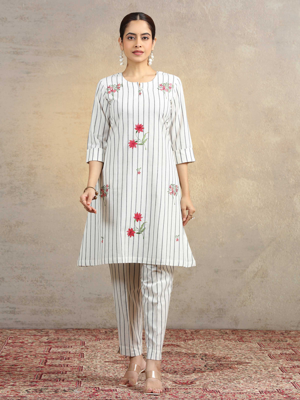 Off White Floral Embroidered Pure Cotton Straight Co-Ord Set