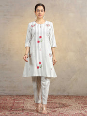 Off White Floral Embroidered Pure Cotton Straight Co-Ord Set