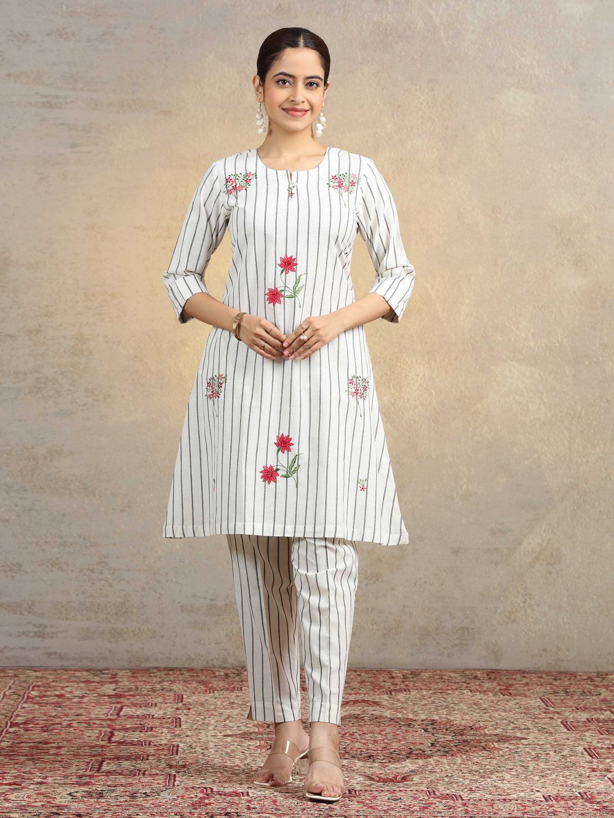 Off White Floral Embroidered Pure Cotton Straight Co-Ord Set