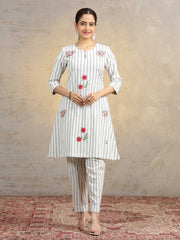 Off White Floral Embroidered Pure Cotton Straight Co-Ord Set