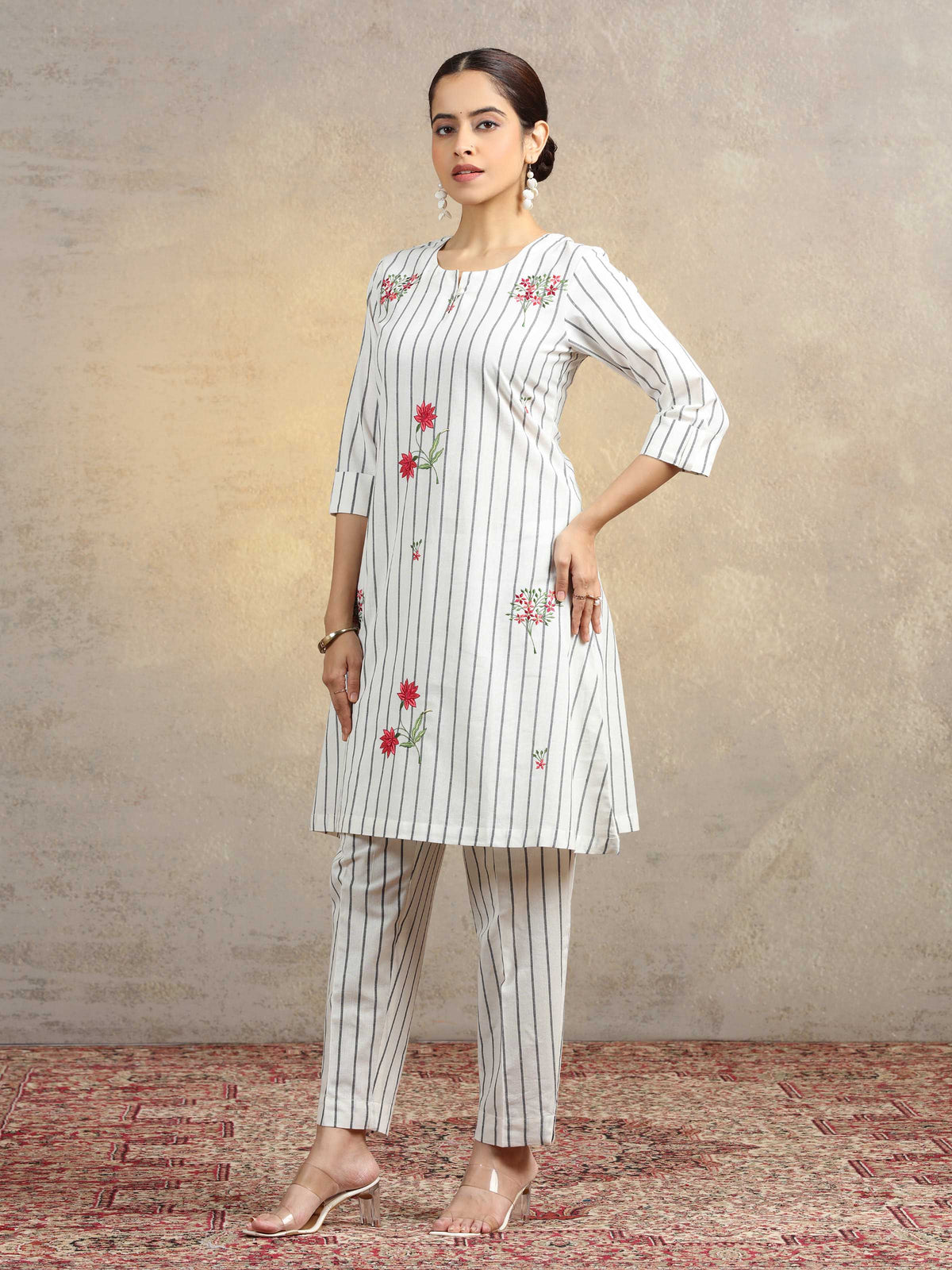 Off White Floral Embroidered Pure Cotton Straight Co-Ord Set